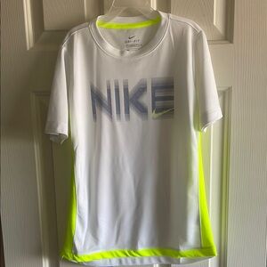 Nike White and Neon Yellow Dri-FIT Tee